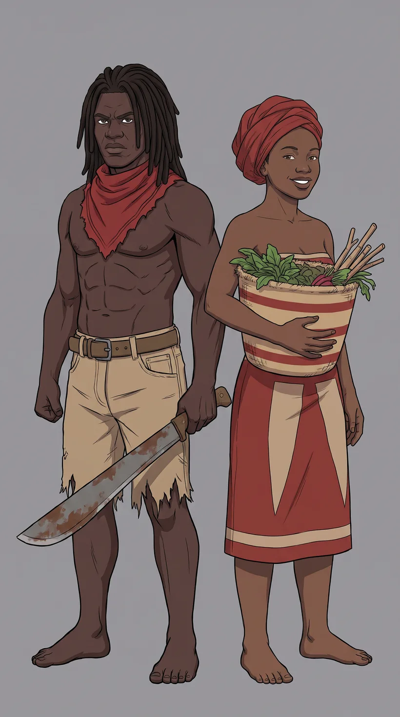 Bobo Shanti warrior carrying a machete beside a harvester holding a basket of provisions