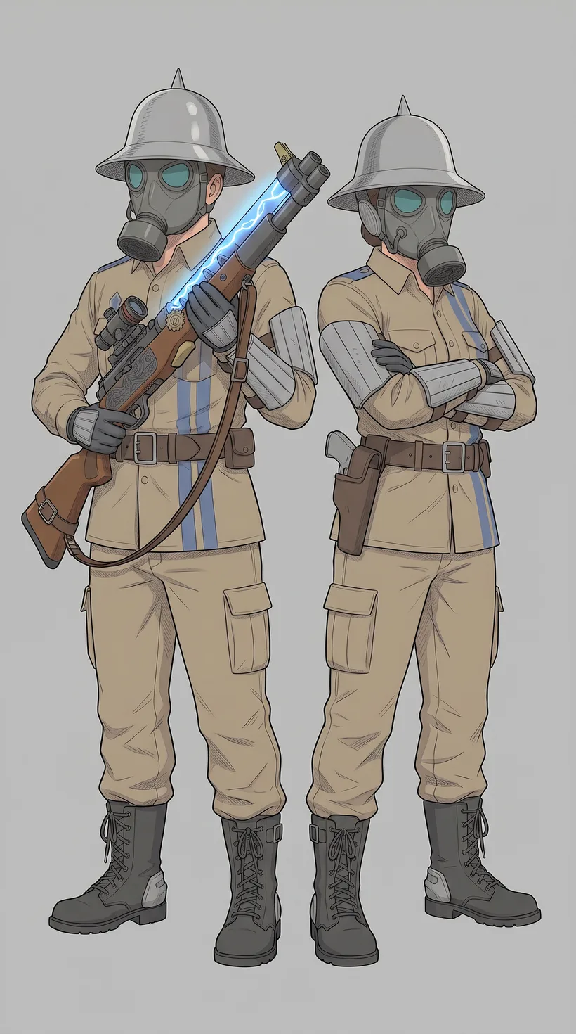 Babylonian soldiers in gas masks and pith helmets, one holding an energy-charged rifle