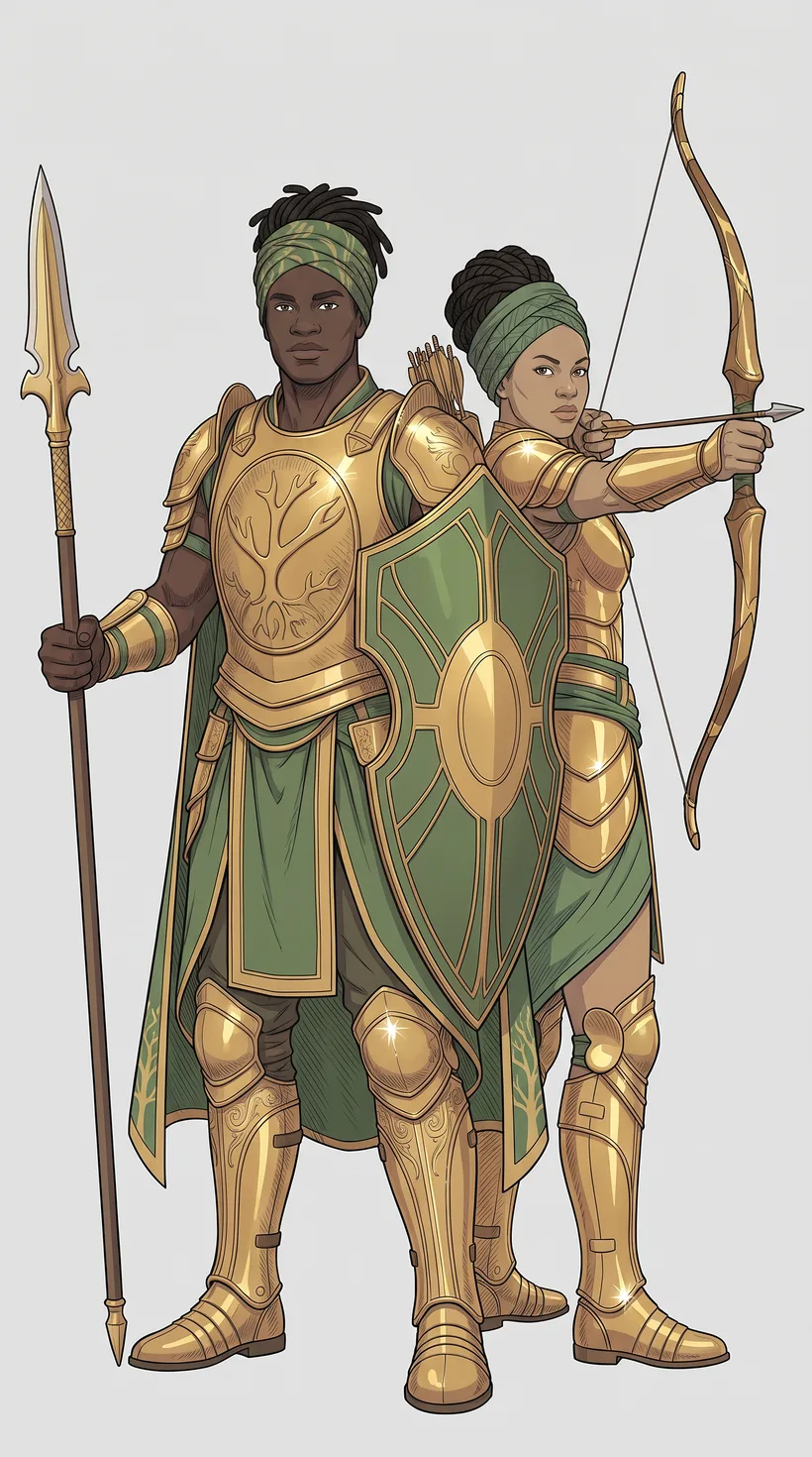 Nyabinghi warriors in gold and green armour, one bearing a spear and shield, one drawing a bow
