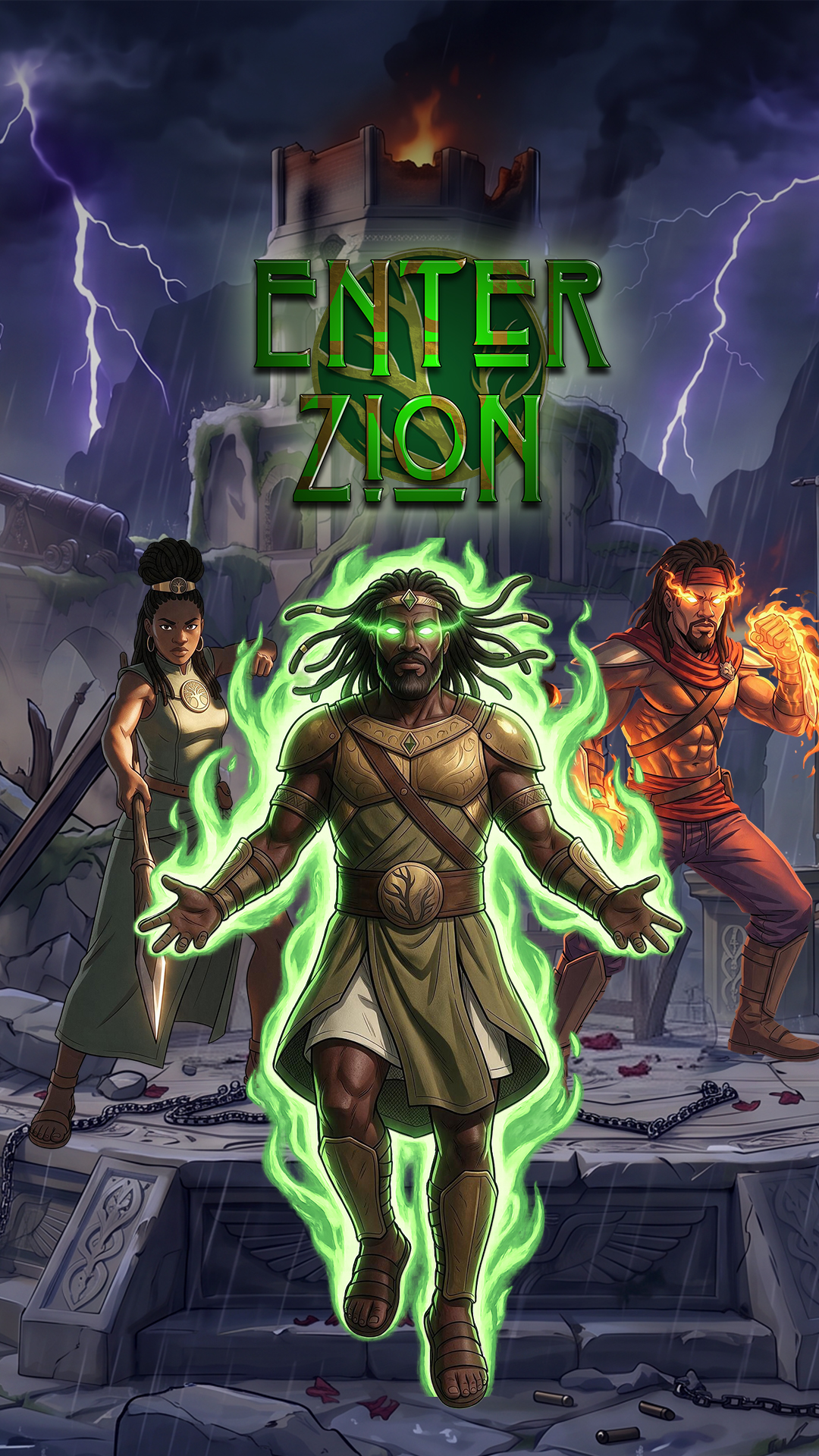 Enter Zion Season One artwork featuring three heroes