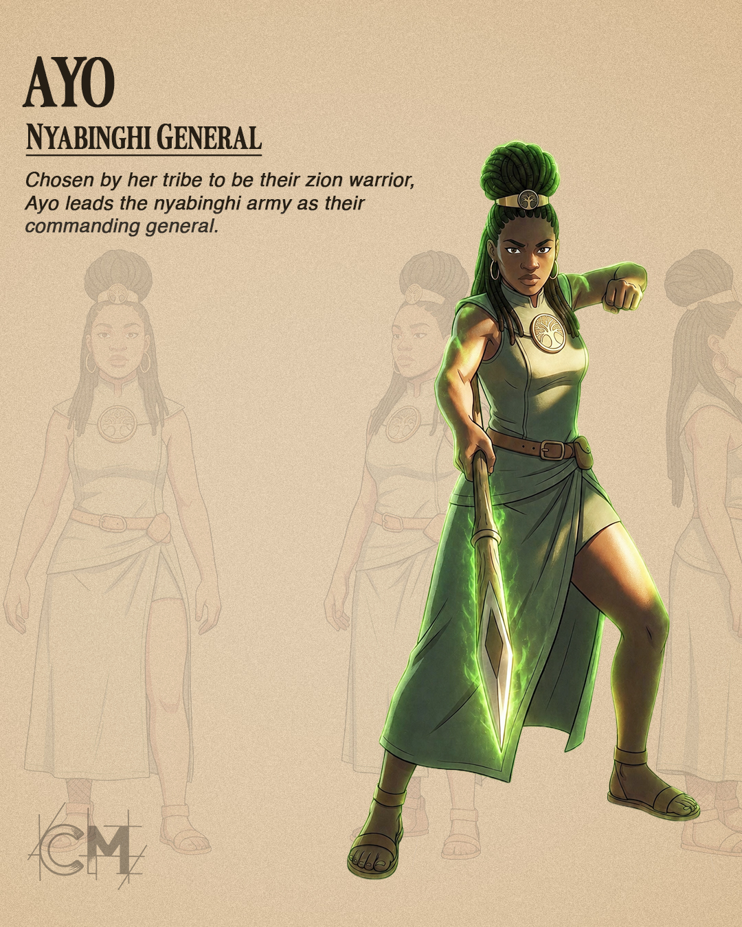 Ayo, Nyabinghi General. Chosen by her tribe to be their Zion warrior, Ayo leads the Nyabinghi army as their commanding general.